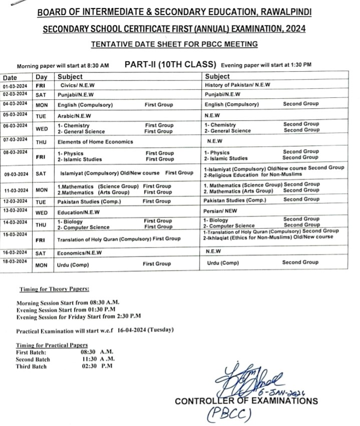 10th class date sheet 2024 Lahore Board